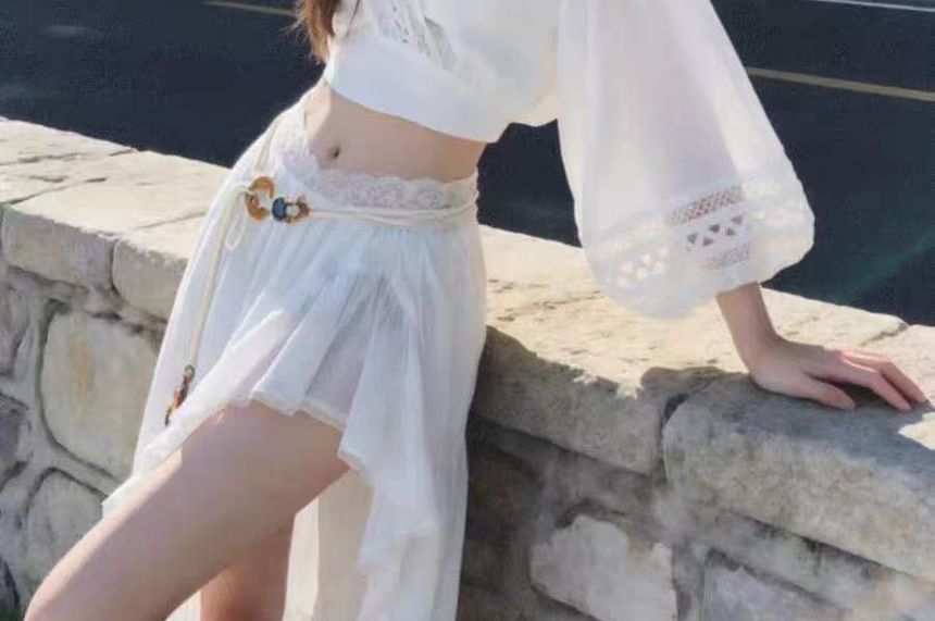 Long-Sleeve V-Neck Crop Tunic / Mid Waist Maxi A-Line Skirt / Belt / Set