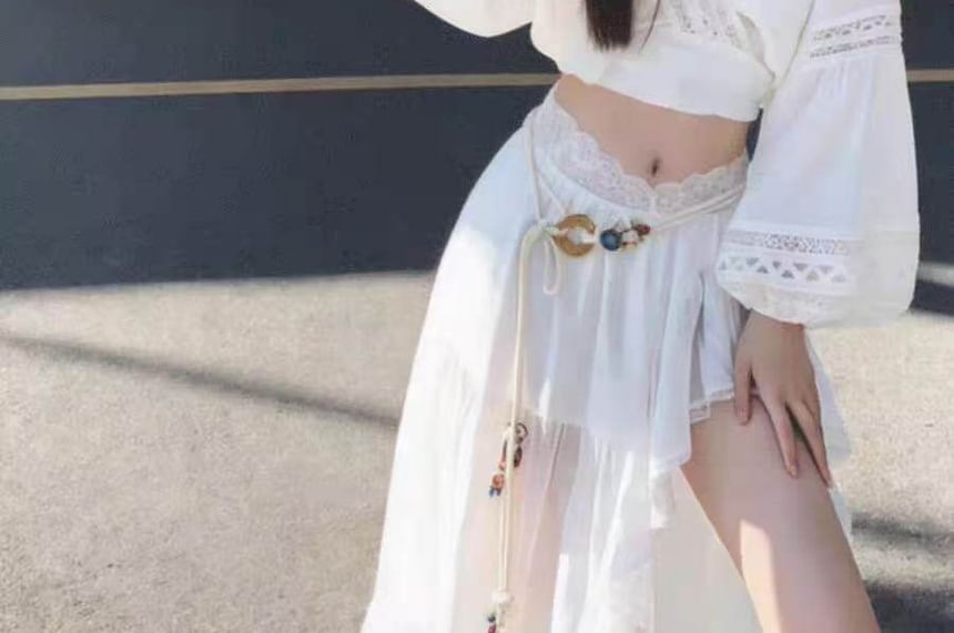 Long-Sleeve V-Neck Crop Tunic / Mid Waist Maxi A-Line Skirt / Belt / Set