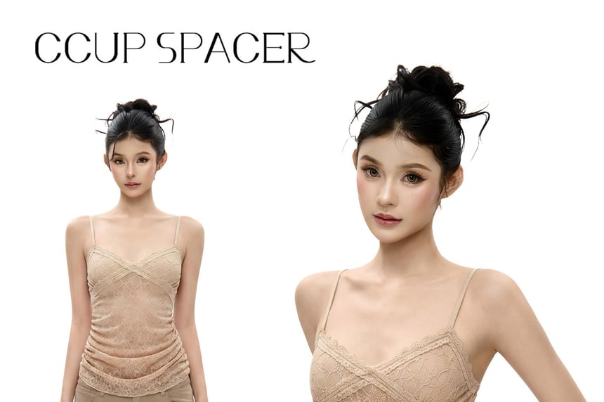 V-Neck Ruched Lace Slim Fit Crop Camisole Top