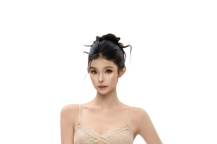 V-Neck Ruched Lace Slim Fit Crop Camisole Top