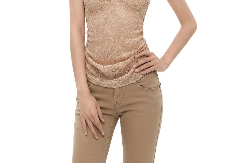 V-Neck Ruched Lace Slim Fit Crop Camisole Top