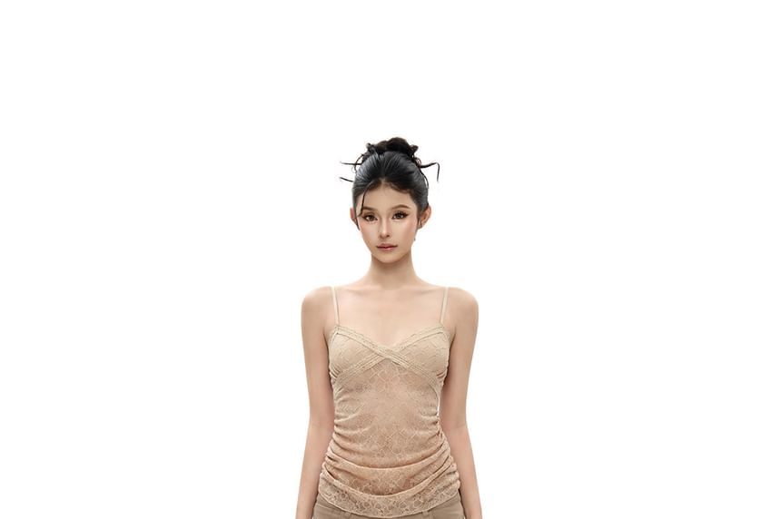 V-Neck Ruched Lace Slim Fit Crop Camisole Top