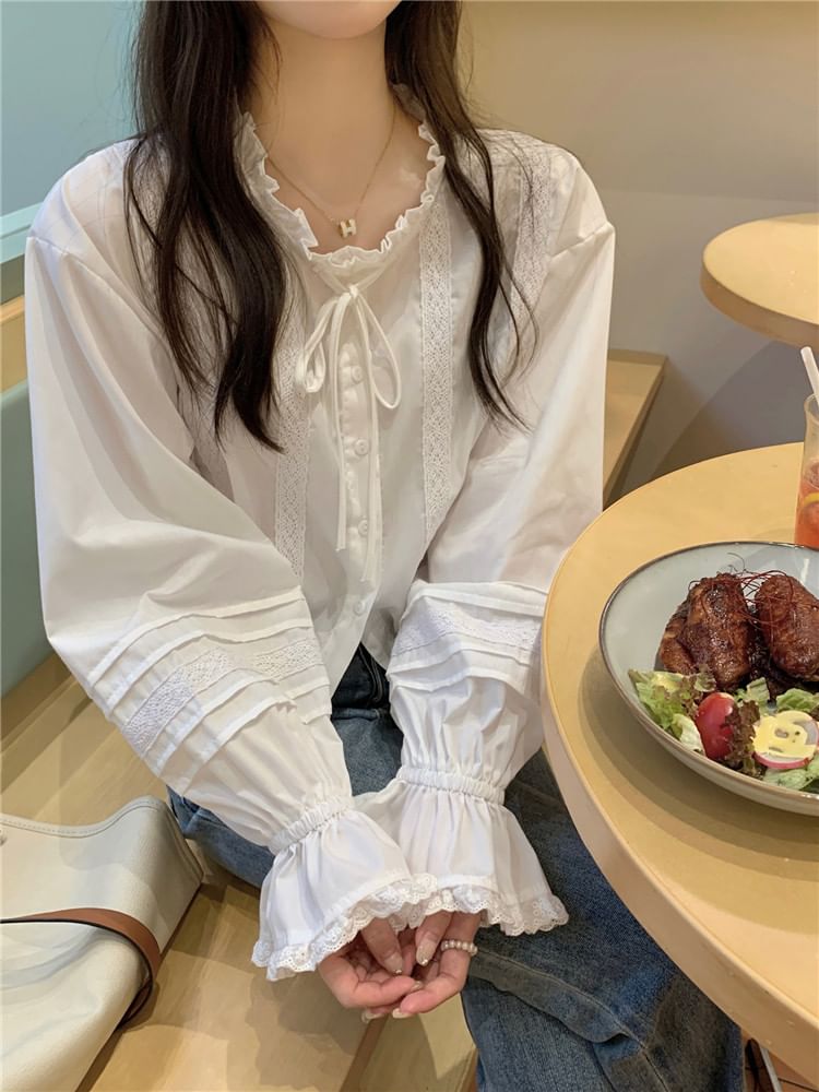 Long-Sleeve Stand Collar Lace Panel Button-Up Crop Blouse