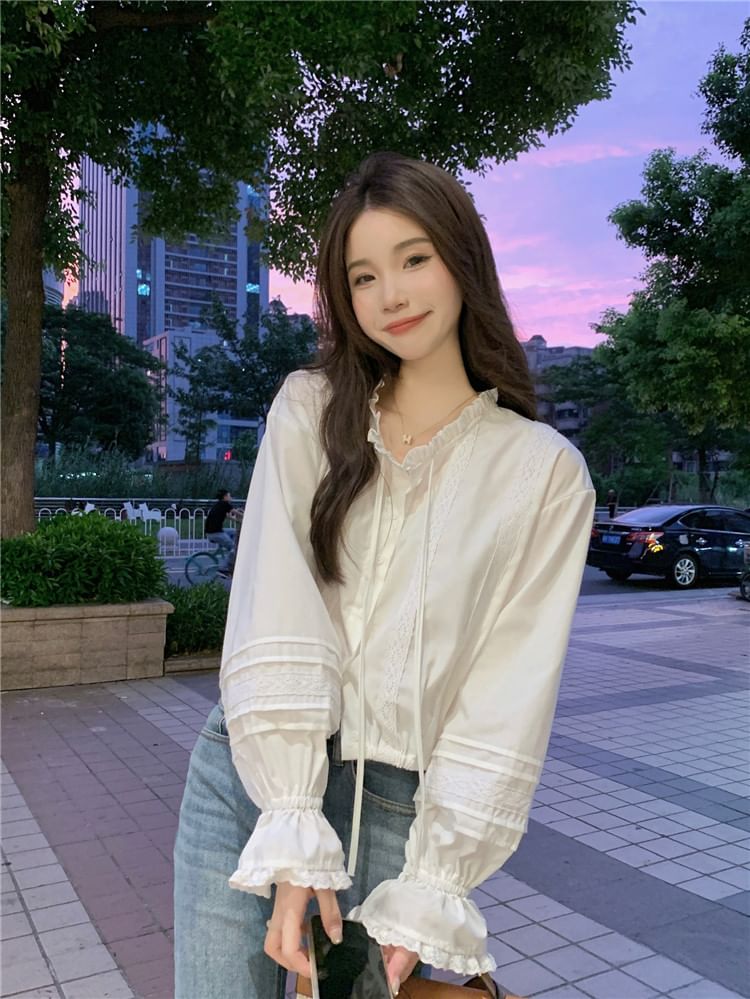 Long-Sleeve Stand Collar Lace Panel Button-Up Crop Blouse