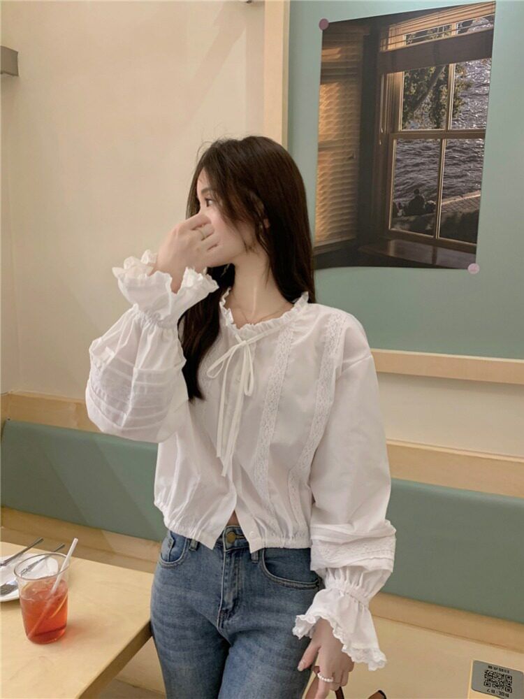Long-Sleeve Stand Collar Lace Panel Button-Up Crop Blouse