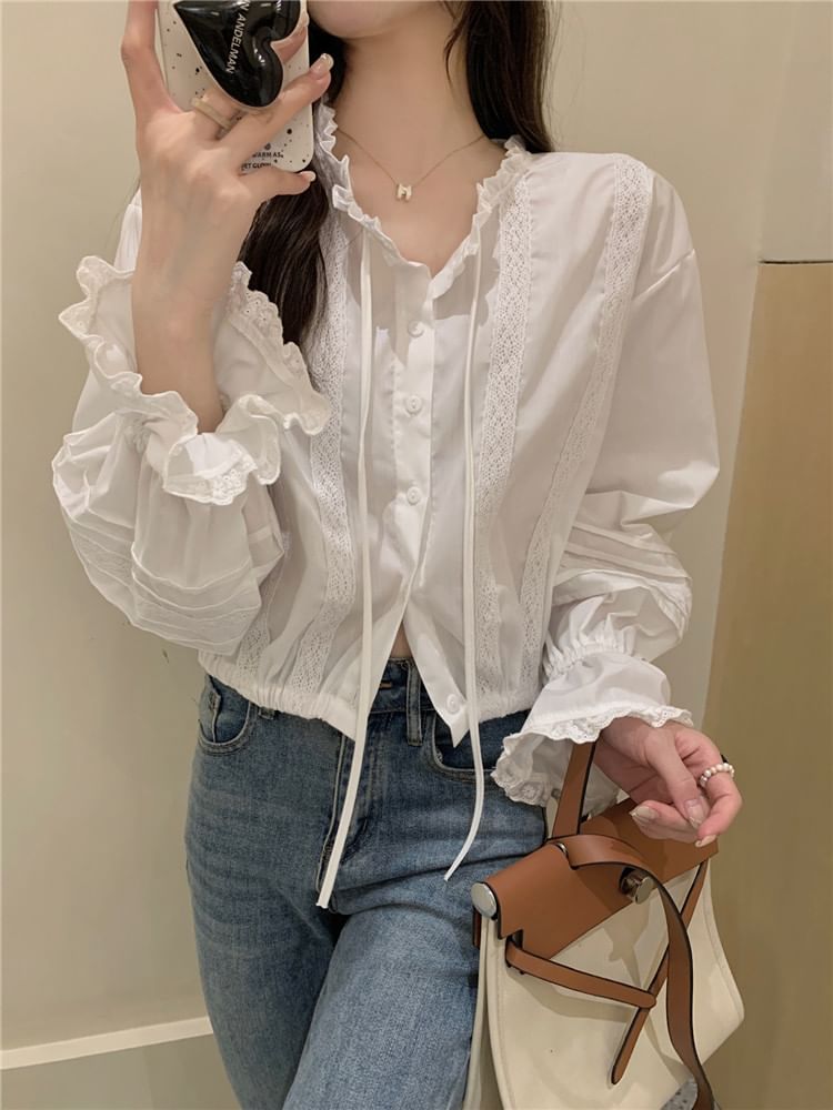 Long-Sleeve Stand Collar Lace Panel Button-Up Crop Blouse
