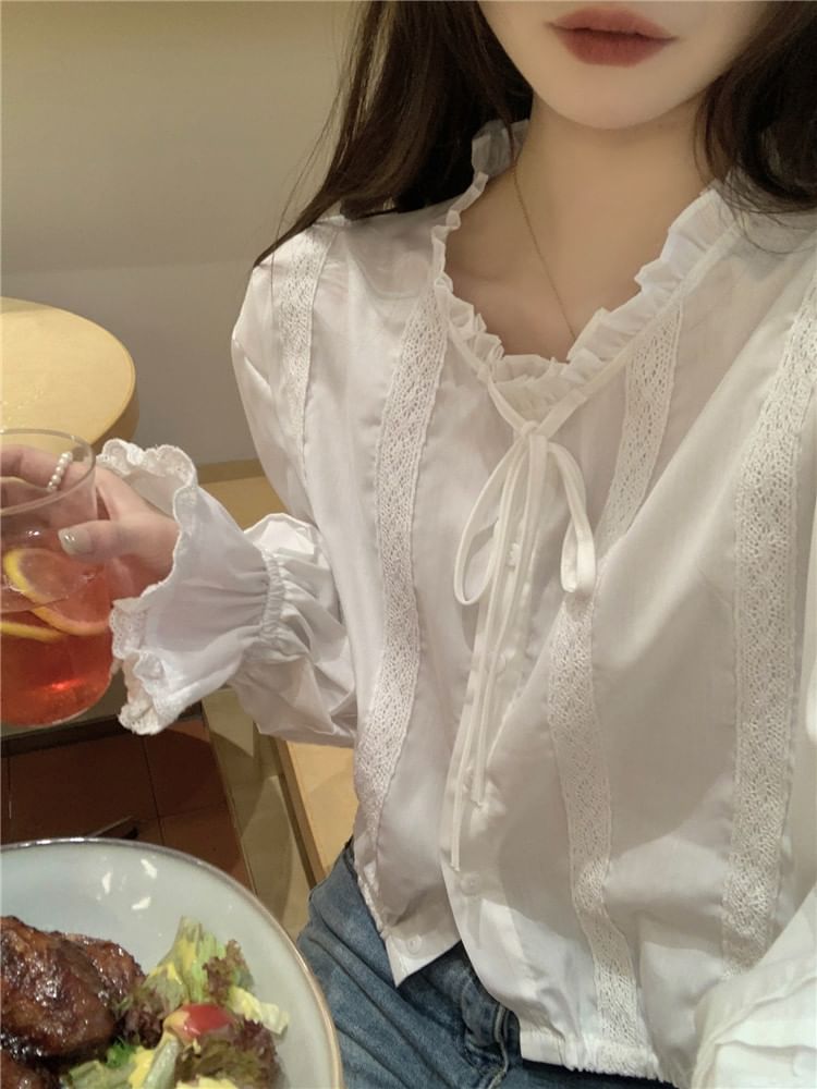 Long-Sleeve Stand Collar Lace Panel Button-Up Crop Blouse