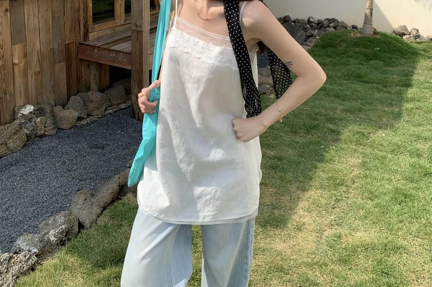 Spaghetti Strap Lace Panel Slit Tunic