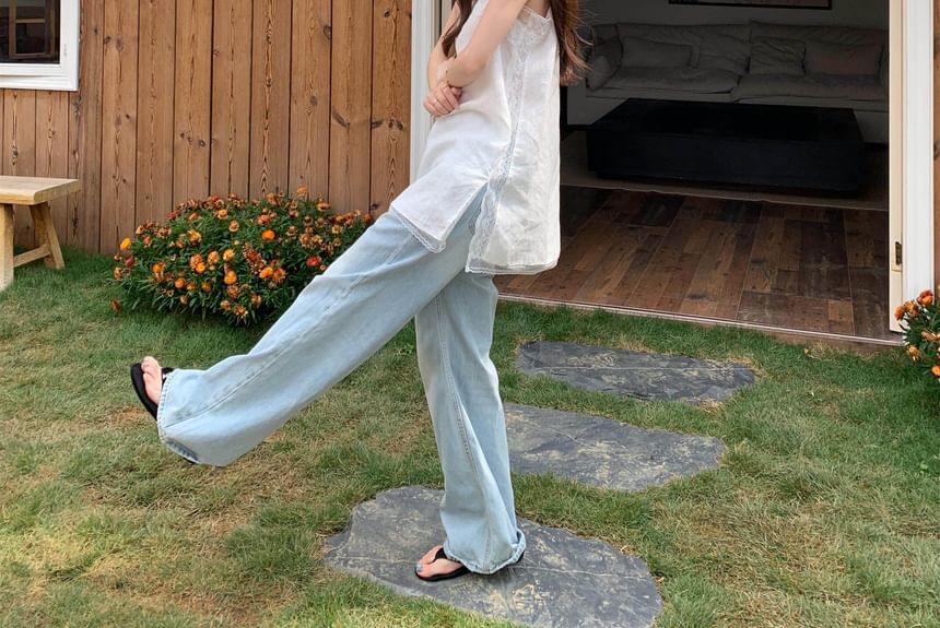 Spaghetti Strap Lace Panel Slit Tunic
