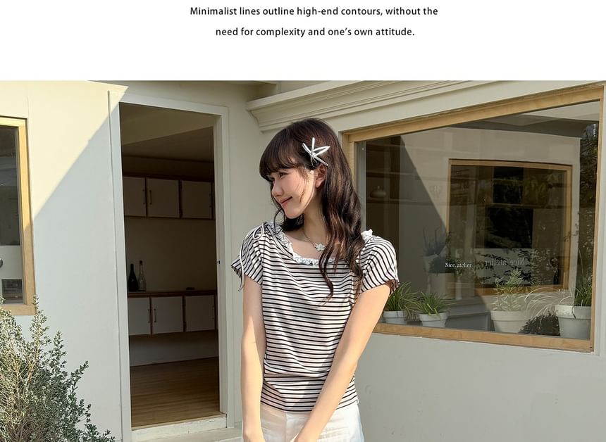Short Sleeve Round Neck Striped Lace Trim T-Shirt