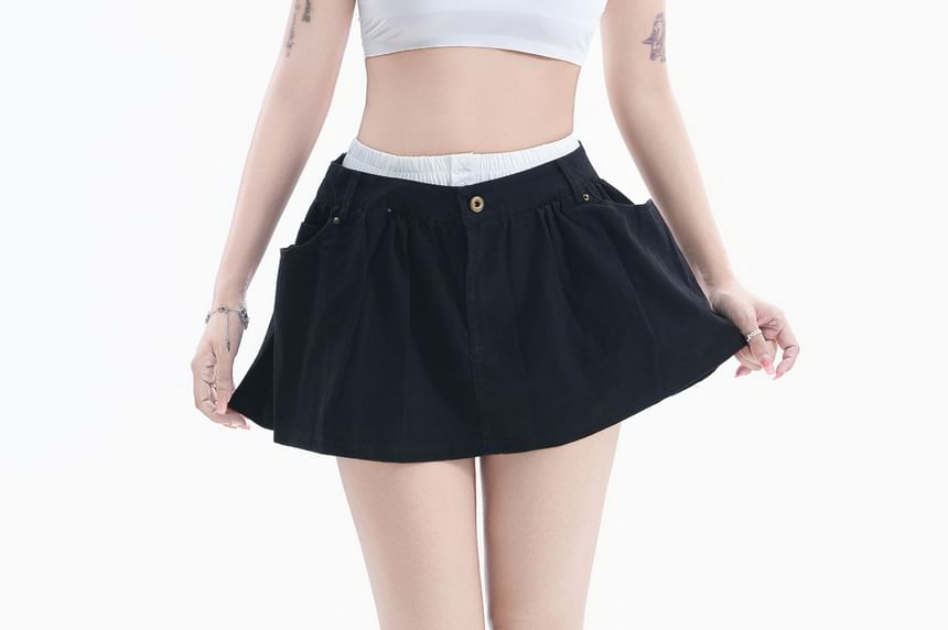 High Waist Double Waist Plain Mini A-Line Skirt