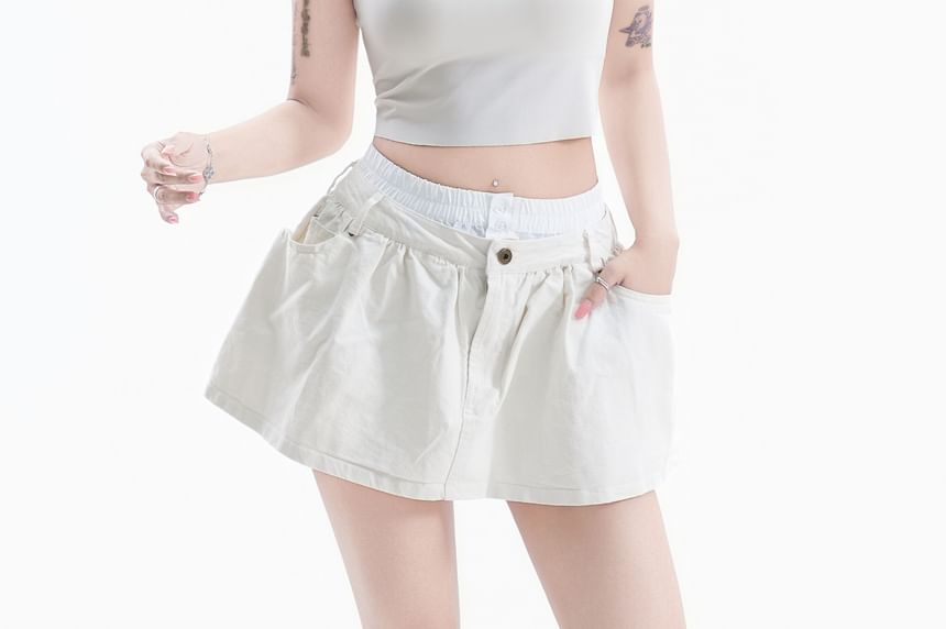 High Waist Double Waist Plain Mini A-Line Skirt