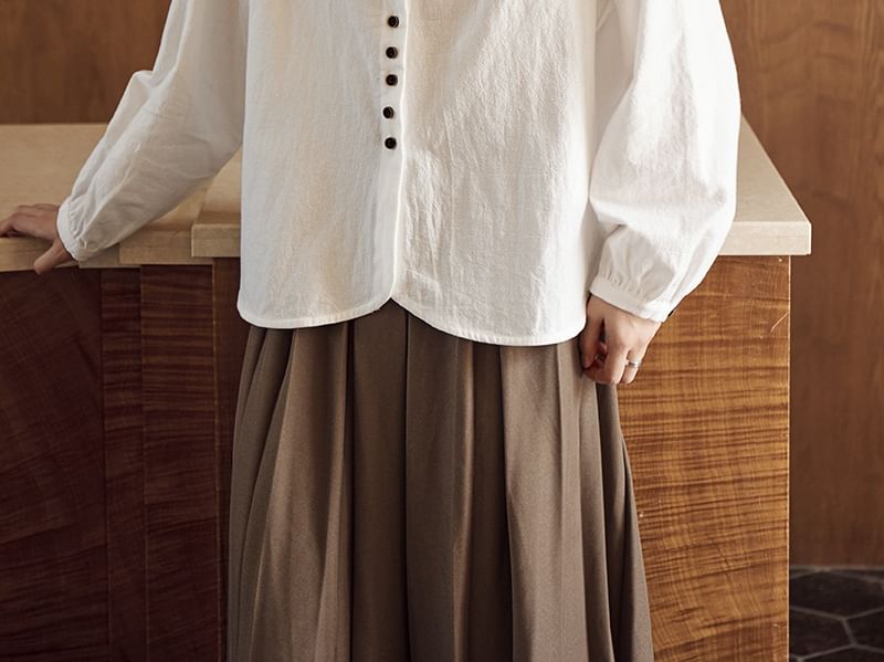 Band Collar Button-Up Blouse with Long Sleeves