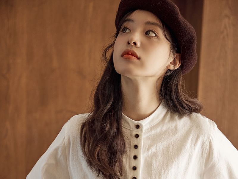Band Collar Button-Up Blouse with Long Sleeves