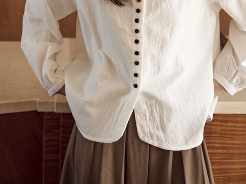 Band Collar Button-Up Blouse with Long Sleeves