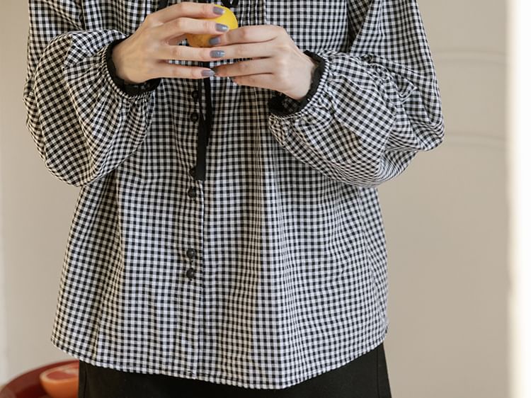V-Neck Plaid Blouse with Ruffle Trim and Long Sleeves
