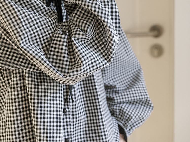 V-Neck Plaid Blouse with Ruffle Trim and Long Sleeves