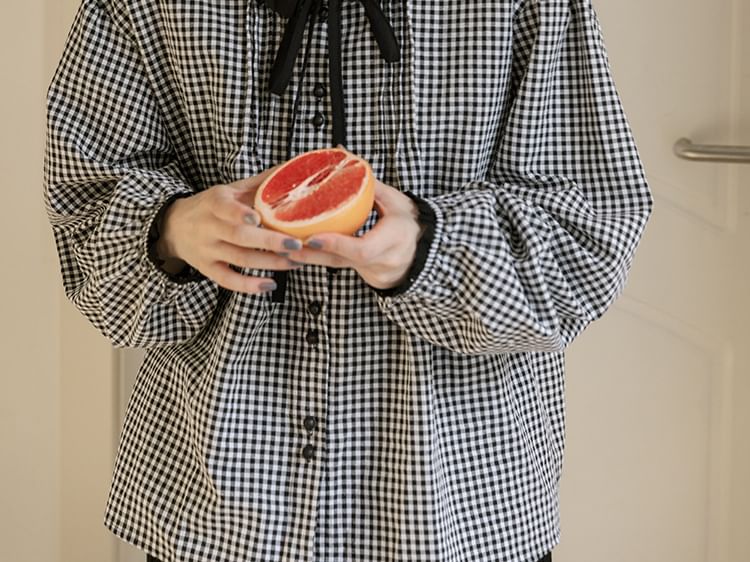 V-Neck Plaid Blouse with Ruffle Trim and Long Sleeves