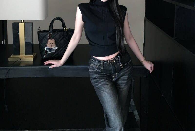 Mock Neck Sleeveless Knit Crop Top in Solid Color
