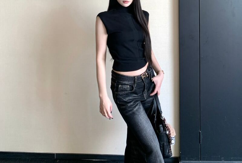 Mock Neck Sleeveless Knit Crop Top in Solid Color