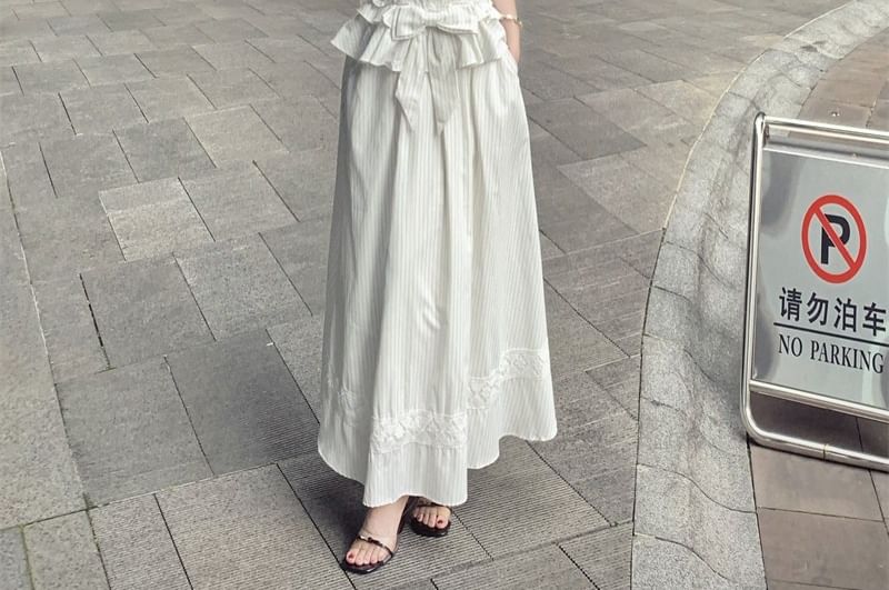 Halter V-Neck Pinstriped Ruffle Trim Blouse / Mid Rise Lace Trim Maxi A-Line Skirt
