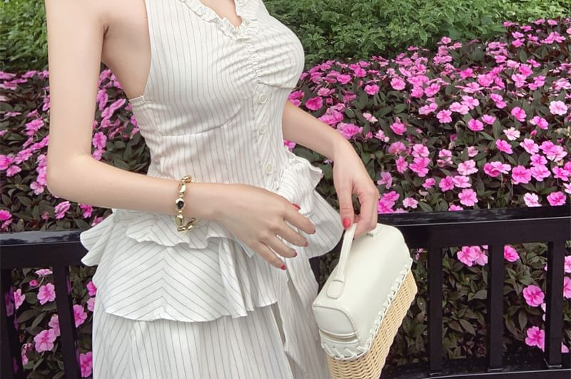 Halter V-Neck Pinstriped Ruffle Trim Blouse / Mid Rise Lace Trim Maxi A-Line Skirt