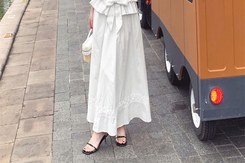 Halter V-Neck Pinstriped Ruffle Trim Blouse / Mid Rise Lace Trim Maxi A-Line Skirt