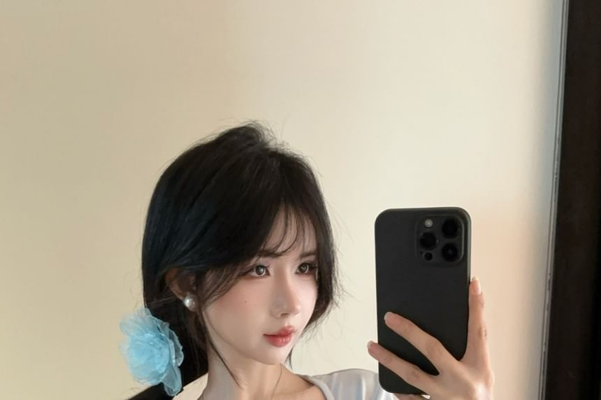 Short Sleeve Sweetheart Neck Lace Trim Crop Top