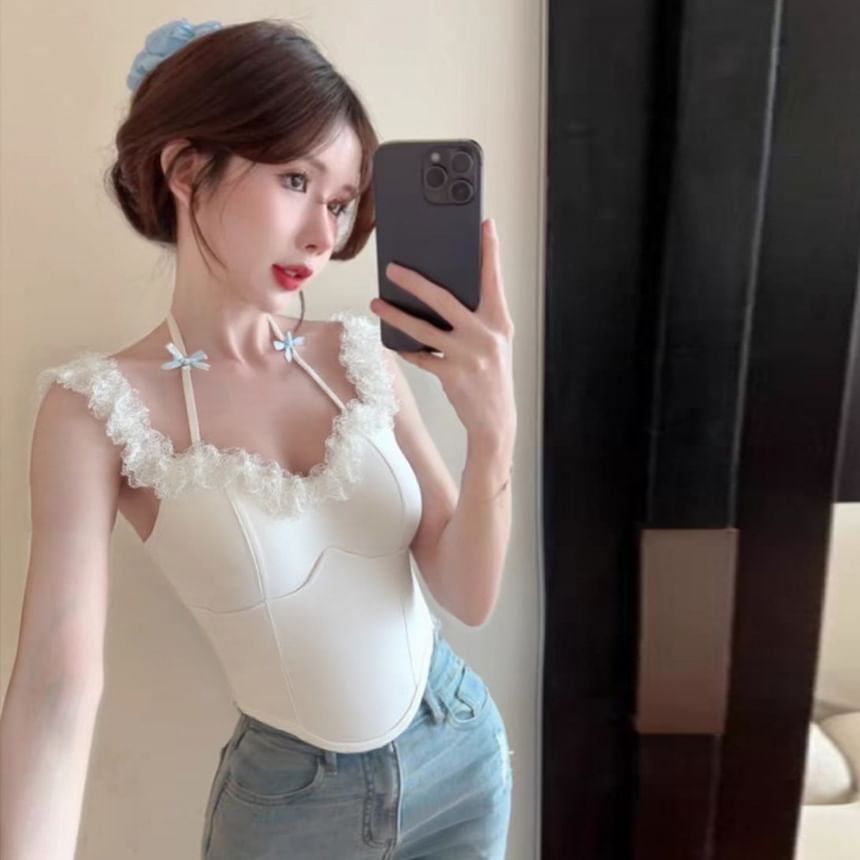Short-Sleeve Cold Shoulder Plain Lace Trim Crop Top