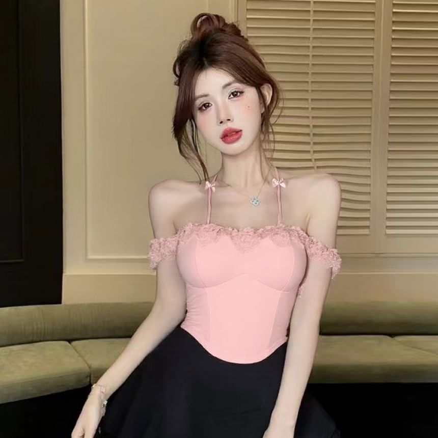 Short-Sleeve Cold Shoulder Plain Lace Trim Crop Top