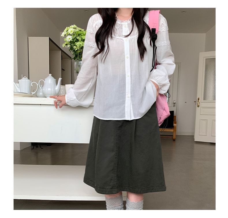 Long-Sleeve Crew Neck Lace Trim Button-Up Sheer Blouse