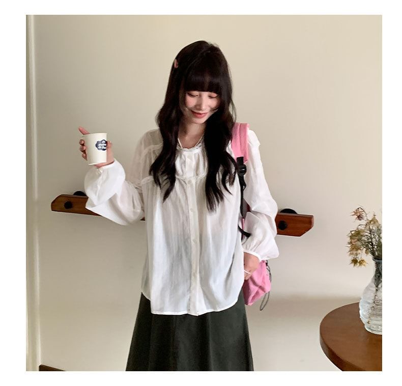 Long-Sleeve Crew Neck Lace Trim Button-Up Sheer Blouse