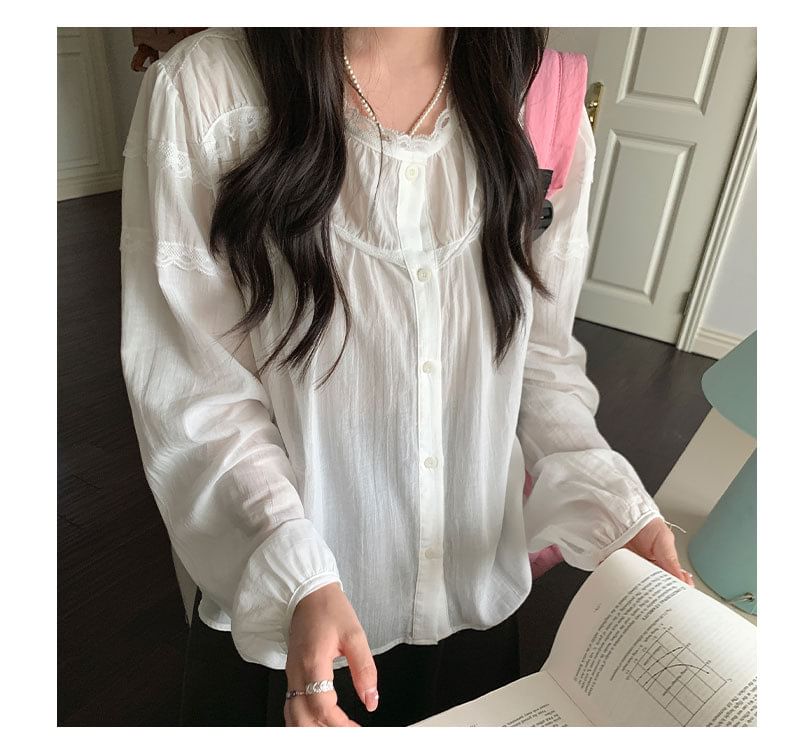 Long-Sleeve Crew Neck Lace Trim Button-Up Sheer Blouse