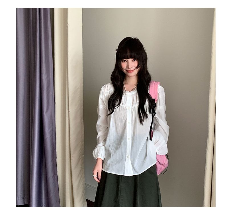 Long-Sleeve Crew Neck Lace Trim Button-Up Sheer Blouse