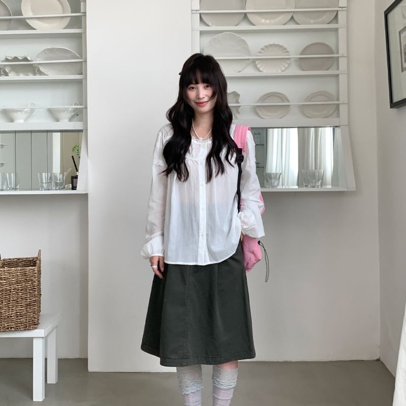 Long-Sleeve Crew Neck Lace Trim Button-Up Sheer Blouse