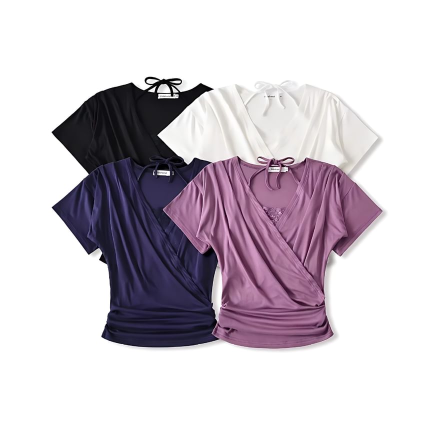 Set: Short-Sleeve V-Neck Plain Top + Halter Neck Lace Crop Top