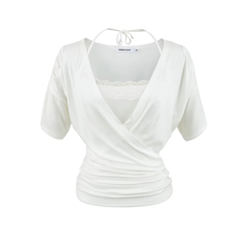 V-Neck Plain Top and Lace Halter Crop Top Set