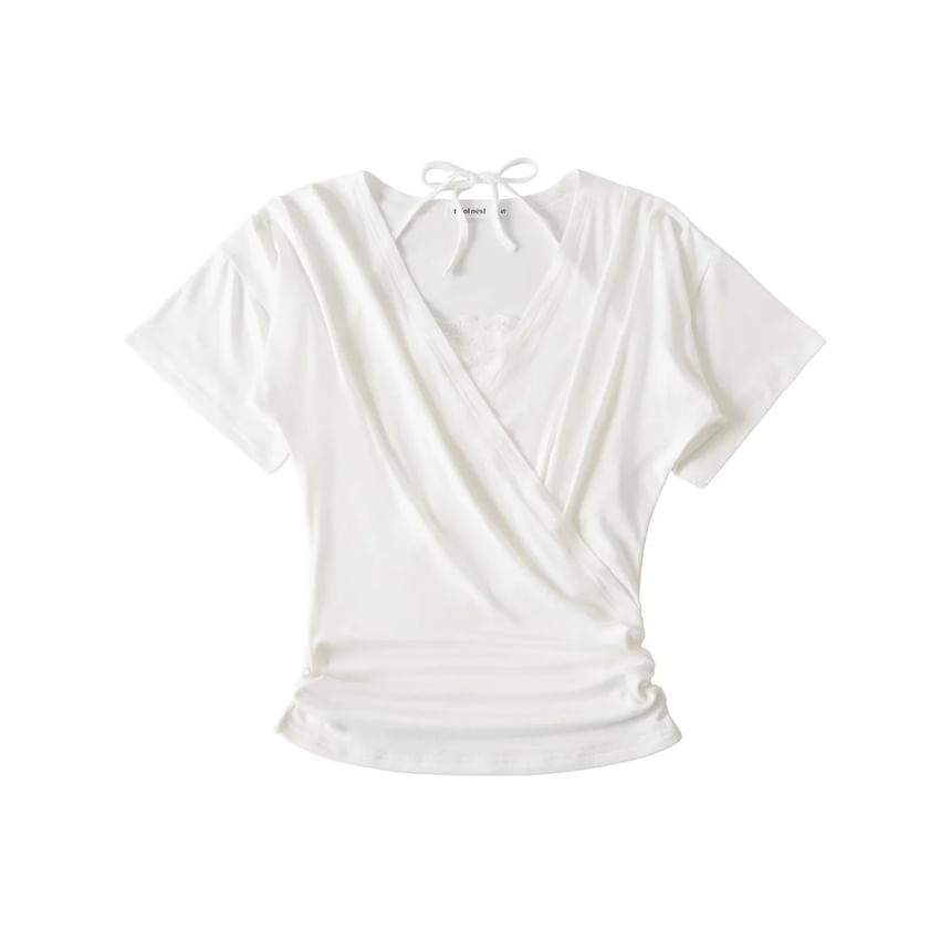 V-Neck Plain Top and Lace Halter Crop Top Set