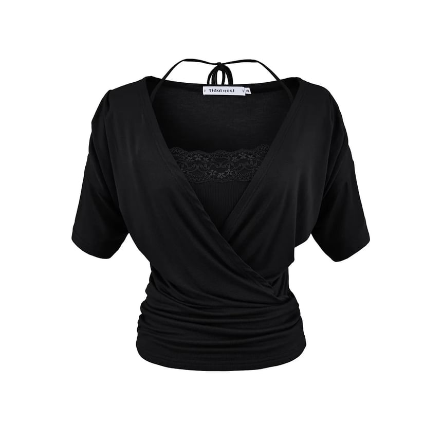 V-Neck Plain Top and Lace Halter Crop Top Set