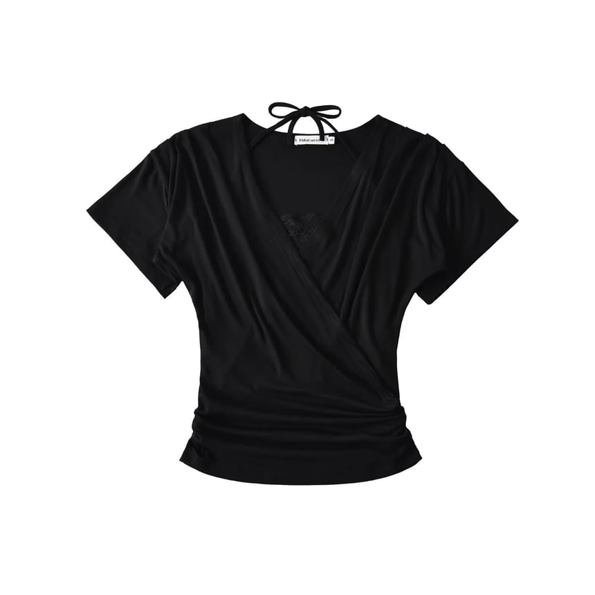 Set: Short-Sleeve V-Neck Plain Top + Halter Neck Lace Crop Top