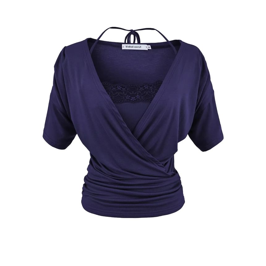 V-Neck Plain Top and Lace Halter Crop Top Set