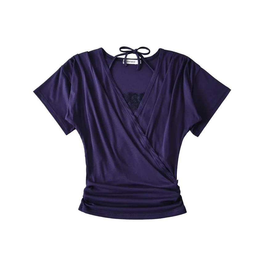 V-Neck Plain Top and Lace Halter Crop Top Set