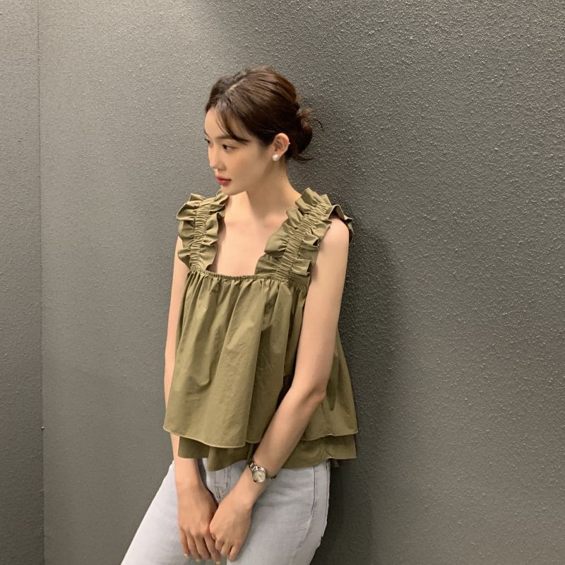 Square Neck Ruffle Crop Blouse with Sleeveless Design