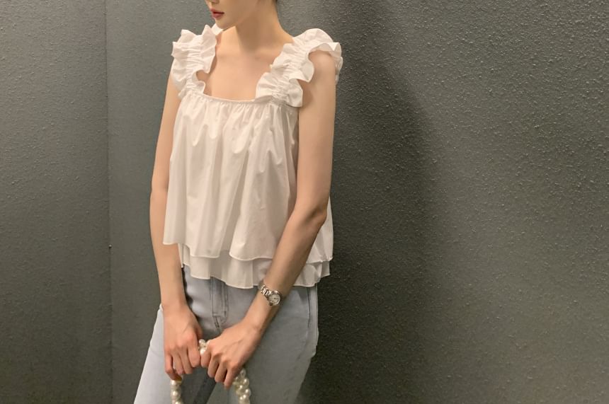 Square Neck Ruffle Crop Blouse with Sleeveless Design