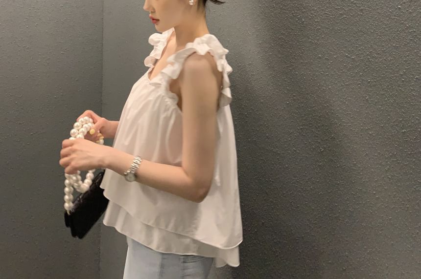 Square Neck Ruffle Crop Blouse with Sleeveless Design