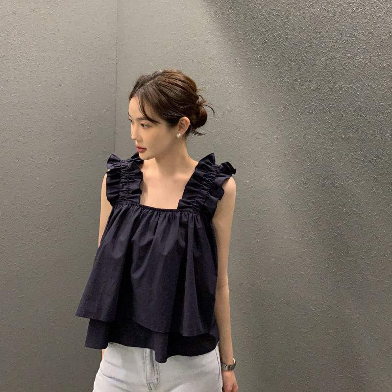 Square Neck Ruffle Crop Blouse with Sleeveless Design