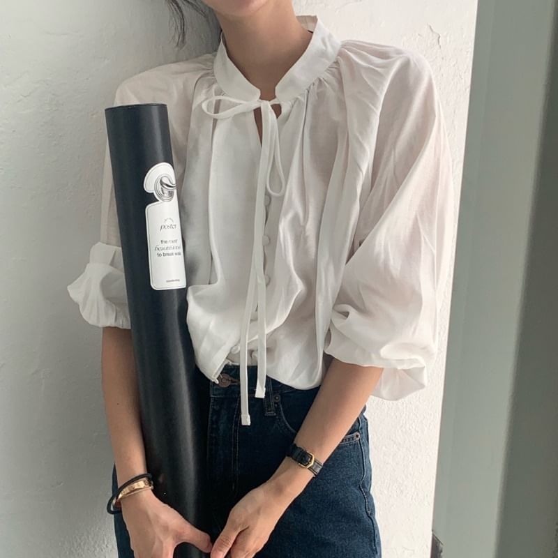 Tie Neck Long Sleeve Blouse in Solid Color
