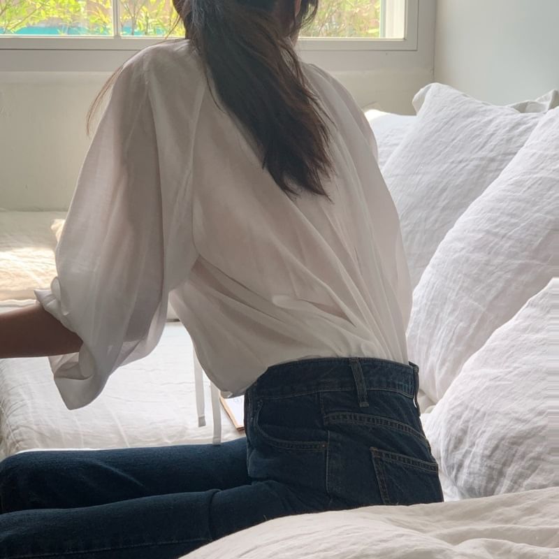 Tie Neck Long Sleeve Blouse in Solid Color
