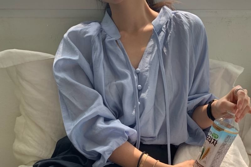 Tie Neck Long Sleeve Blouse in Solid Color