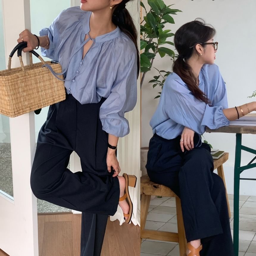 Tie Neck Long Sleeve Blouse in Solid Color